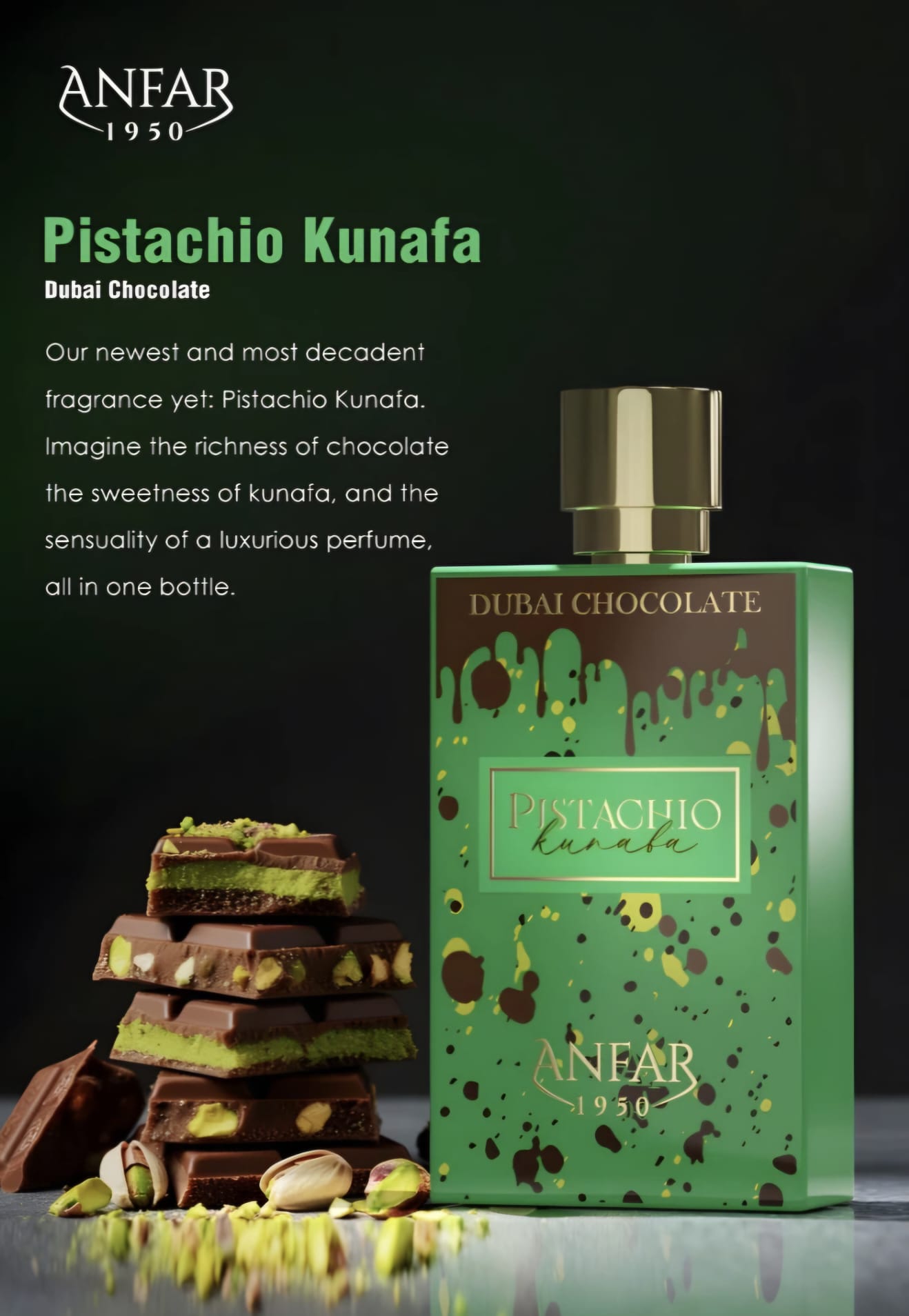 Anfar 1950 Dubai Chocolate - Pistachio Kunafa - Extrait De Parfum - 80 ML - Parfum Original - imagine 3